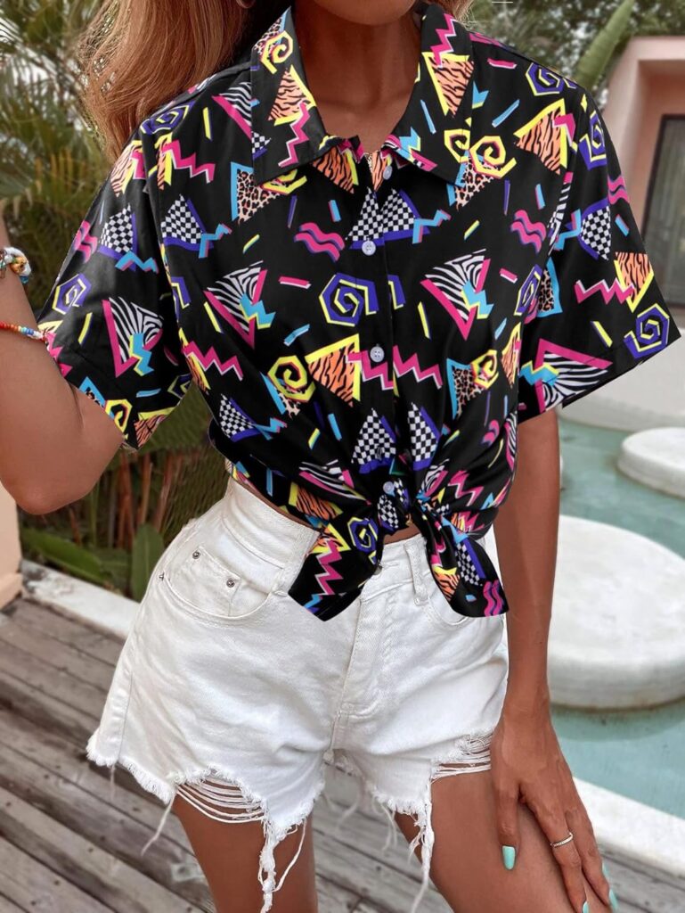 80s 90s Outfits Shirt Women Retro Disco Party Button Up Tshirt Hawaiian Beach Short Sleeve Blouse Top