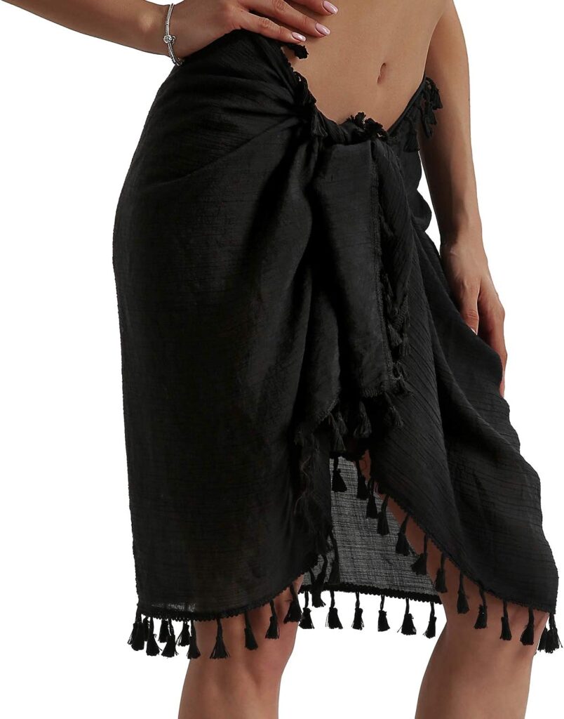 Beach Sarong Pareo Womens Semi-Sheer Swimwear Cover Ups Short Skirt with Tassels