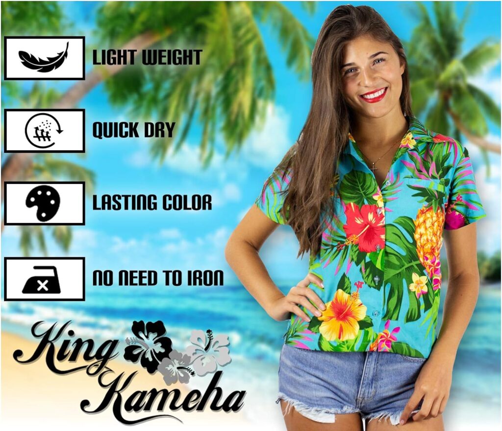 Funky Casual Hawaiian Blouse Shirt for Women Front Pocket Button Down Very Loud Shortsleeve Small Flower Print