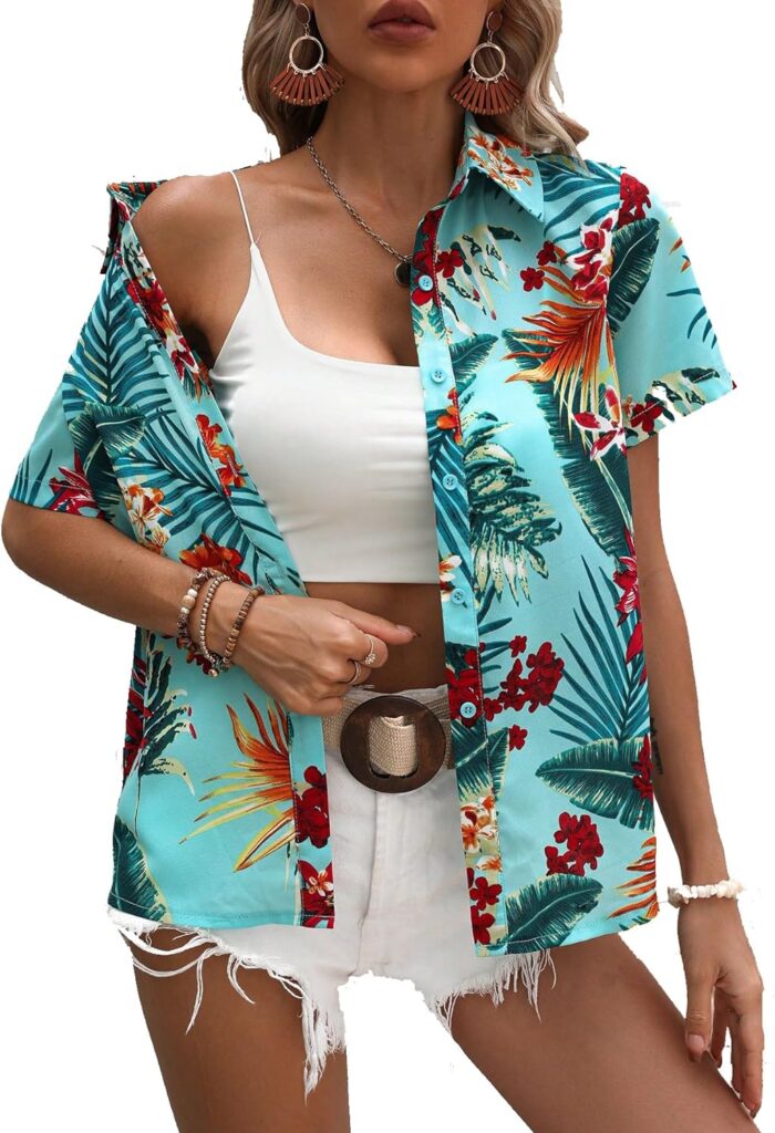 Hawaiian Shirt for Women Casual Floral Tropical Print Shirt Soft Cool V Neck Short Sleeve Button Up Blouses Tops