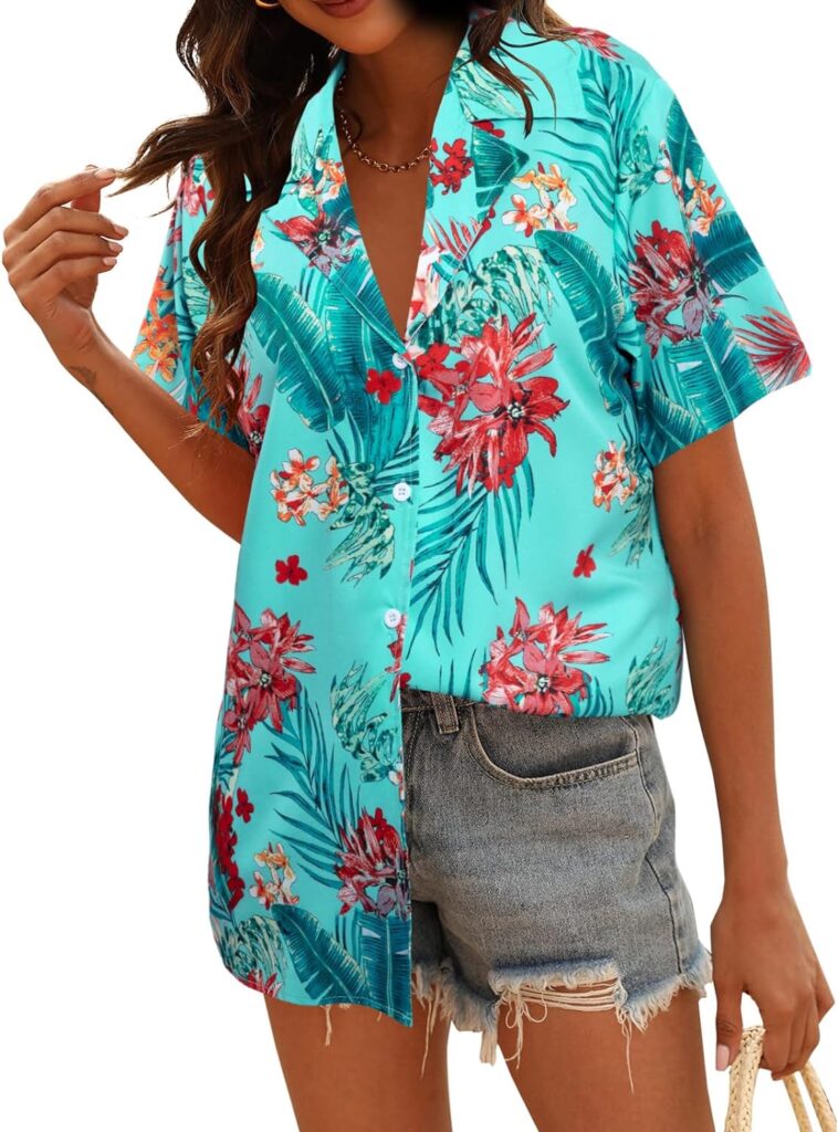 Hawaiian Shirt for Women Casual Floral Tropical Print Shirt Soft Cool V Neck Short Sleeve Button Up Blouses Tops