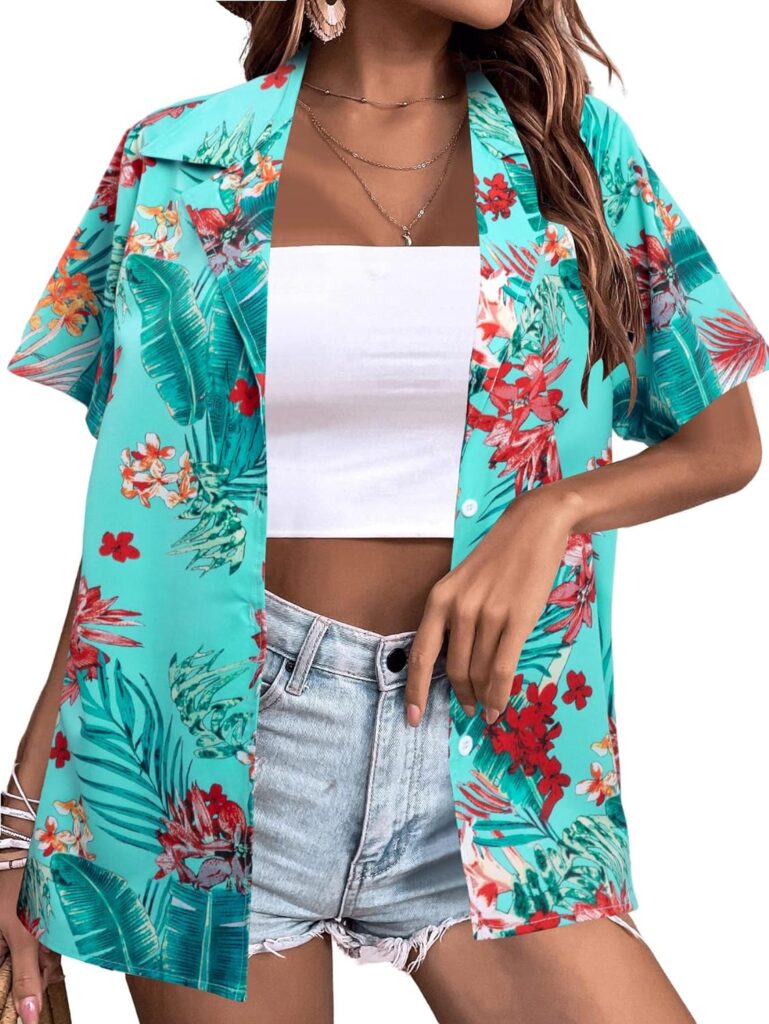 Hawaiian Shirt for Women Casual Floral Tropical Print Shirt Soft Cool V Neck Short Sleeve Button Up Blouses Tops