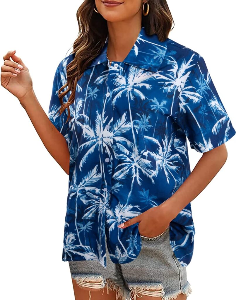 Hawaiian Shirts for Women Floral Leaves Printed Shirt Tropical Button Down Tops Summer Beach Blouse