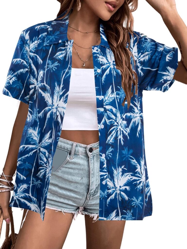 Hawaiian Shirts for Women Floral Leaves Printed Shirt Tropical Button Down Tops Summer Beach Blouse