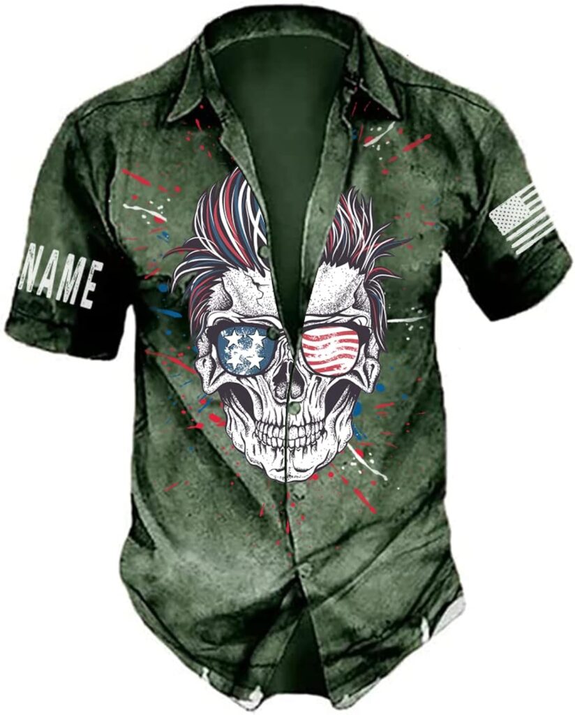 IZI POD Skull Hawaiian Shirts for Men, American Flag Skull Mens T-Shirt, Hawaiian Skull Shirt, Men Hawaiian Shirt Summer 3D Print Casual Short Sleeve Button Shirts, American Skull Shirt