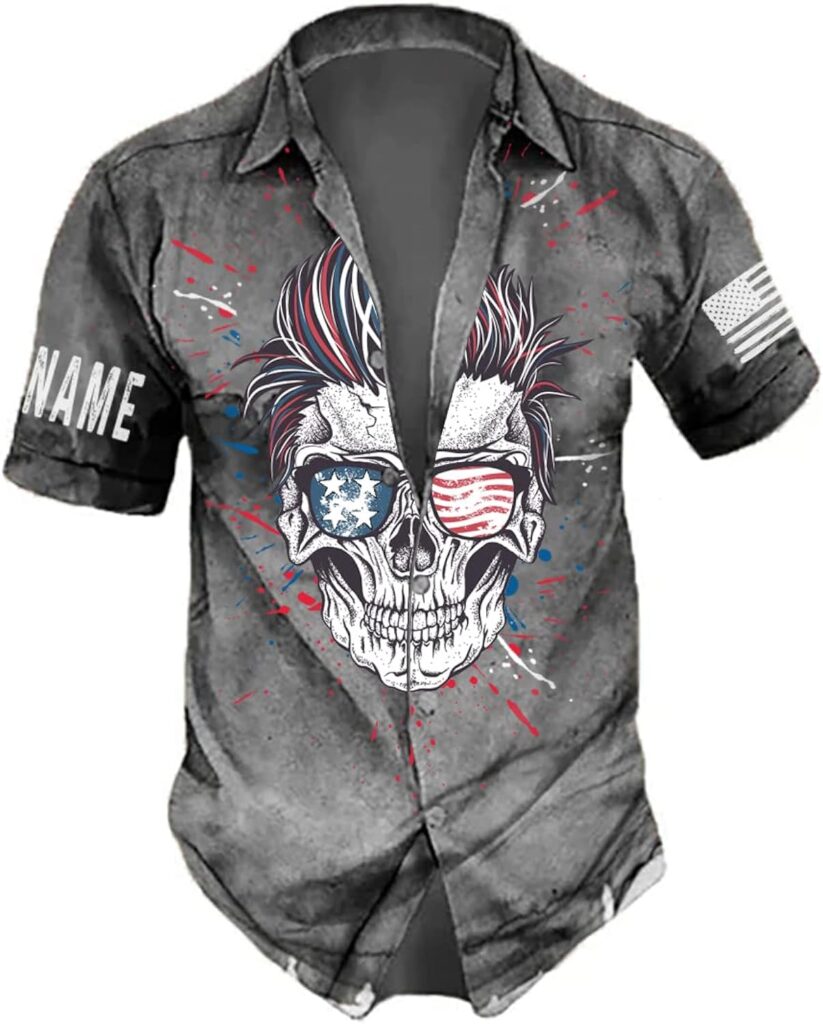 IZI POD Skull Hawaiian Shirts for Men, American Flag Skull Mens T-Shirt, Hawaiian Skull Shirt, Men Hawaiian Shirt Summer 3D Print Casual Short Sleeve Button Shirts, American Skull Shirt