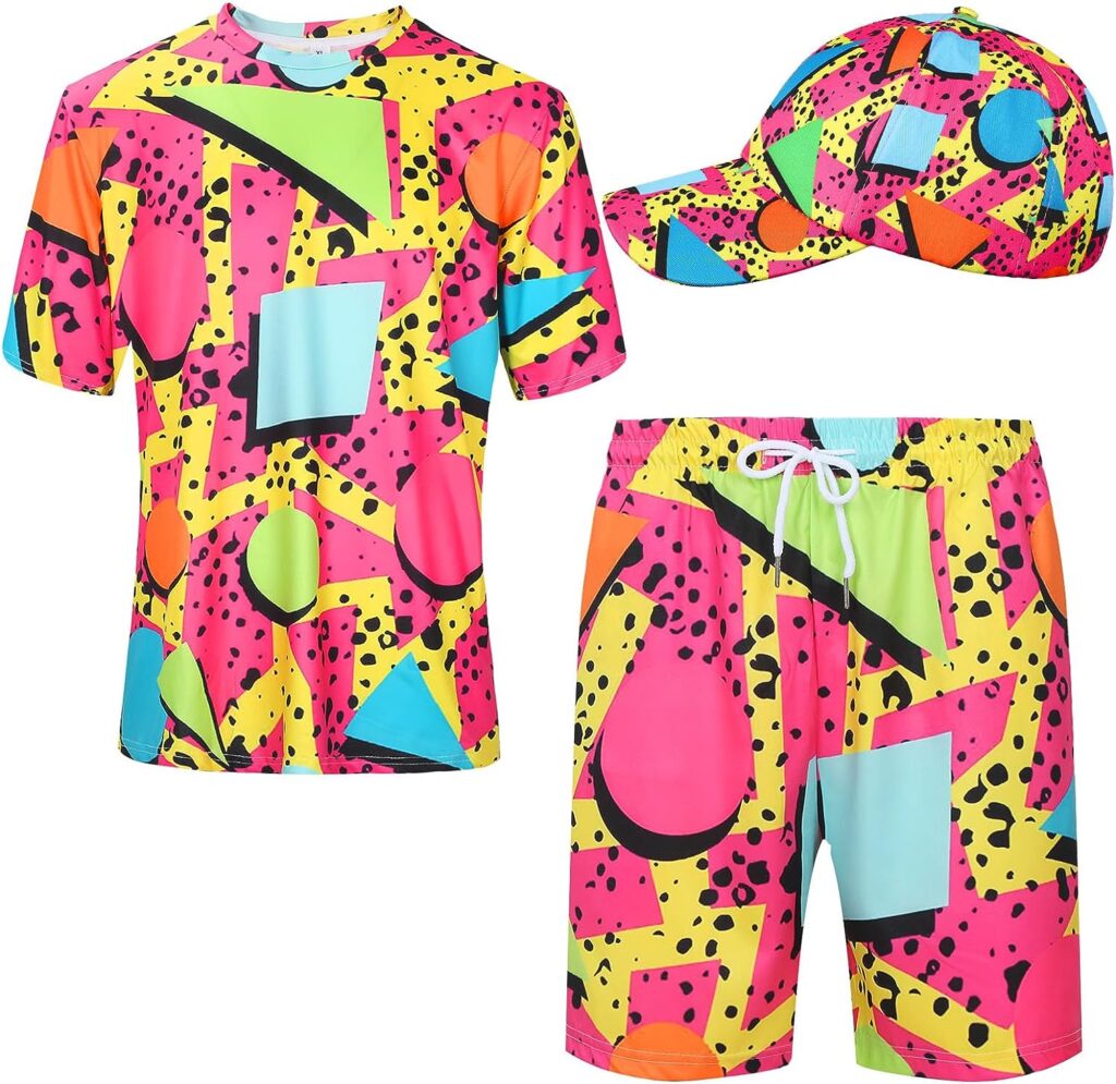 Mens 2 Pieces 80s 90s Outfit Retro Shirts and Shorts Set with Baseball Cap Hawaiian Summer Tracksuit for Summer Disco Party