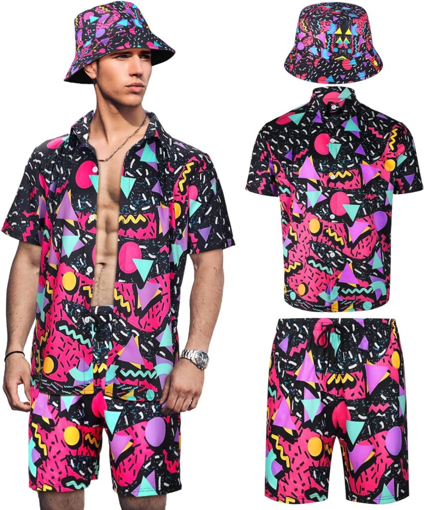 Mens 2 Pieces 80s 90s Outfit Retro Shirts and Shorts Set with Hat Hawaiian Beach Tracksuits for Men Disco Party