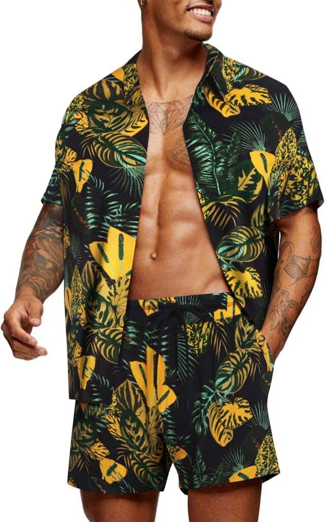 Mens Hawaiian Matching Set Summer Beach 2 Piece Outfits Flower Shirts and Shorts