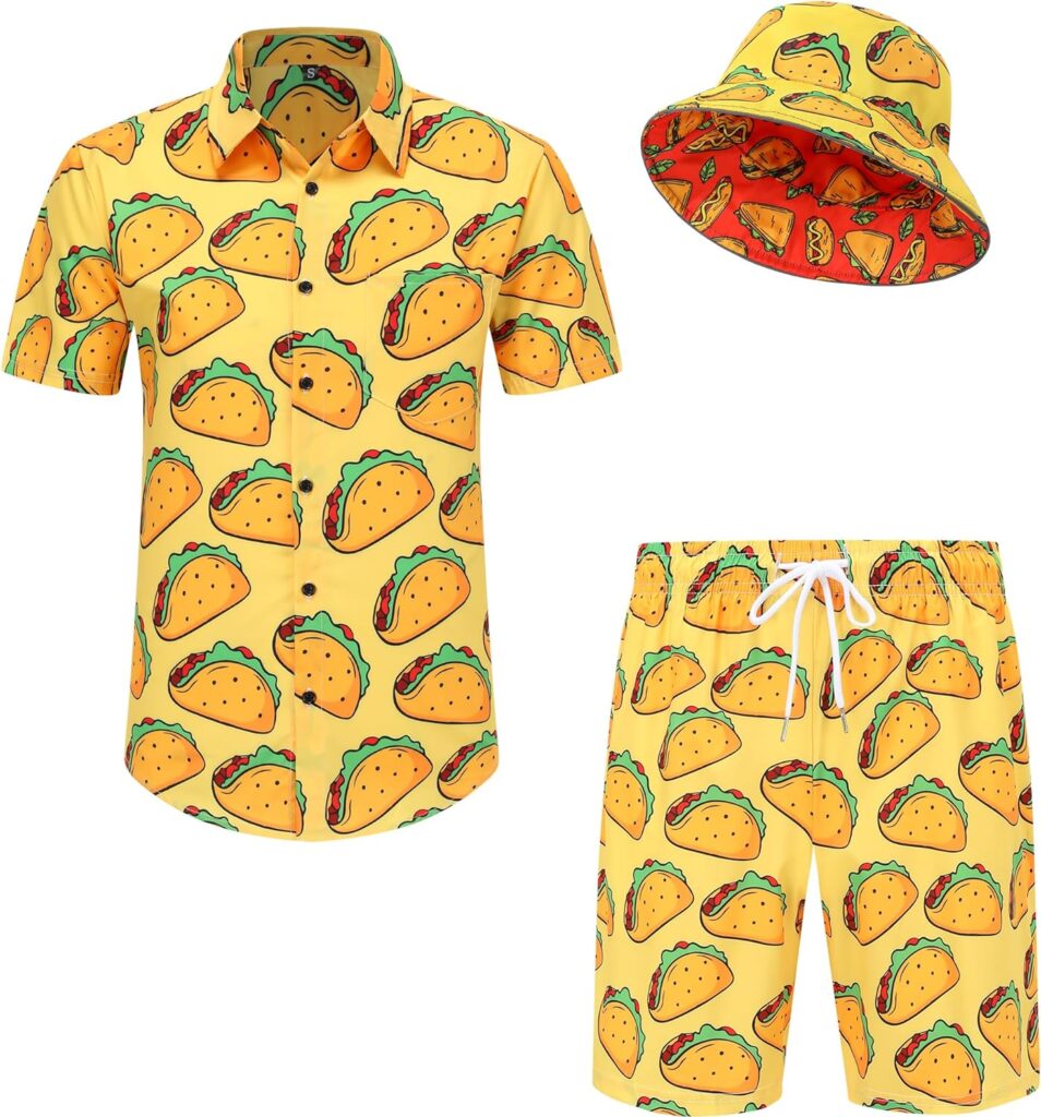Mens Hawaiian Shirts and Shorts Set Funny Hawaiian Shirts for Men Beach Outfits Sets with Bucket Hats