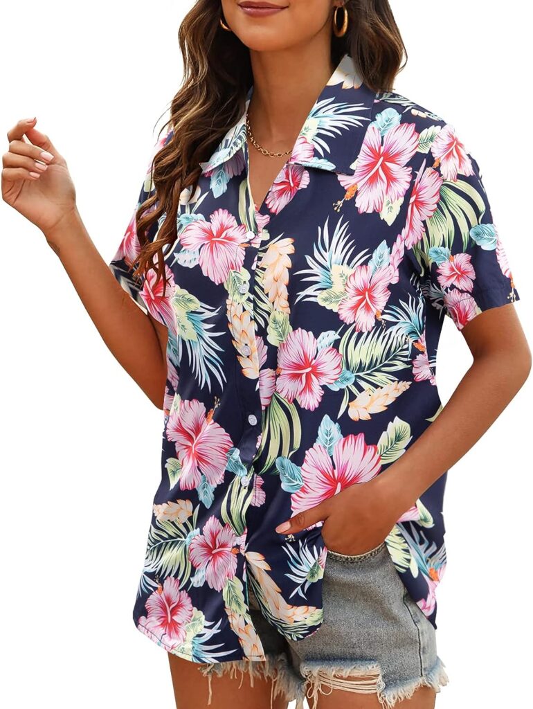 MYHALF Women Hawaiian Shirt Soft Cool Summer Hawaii Shirts Floral Tropic Print V Neck T-Shirt Short Sleeve Button Up Tops