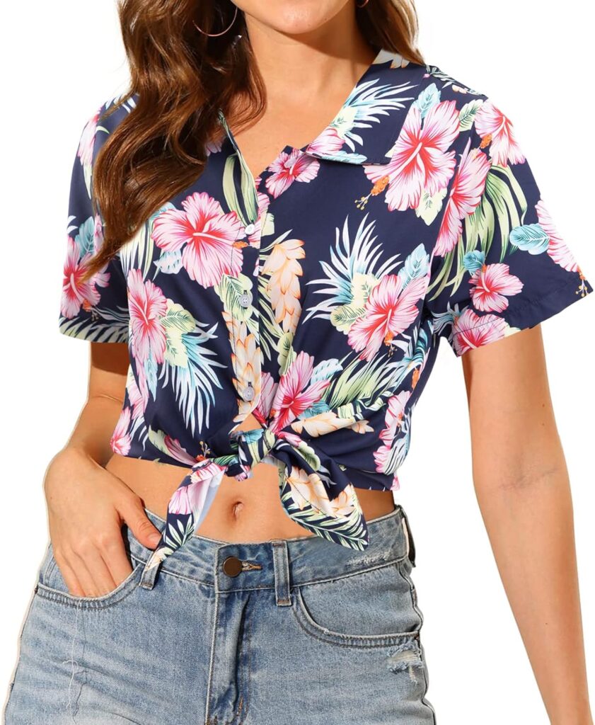 MYHALF Women Hawaiian Shirt Soft Cool Summer Hawaii Shirts Floral Tropic Print V Neck T-Shirt Short Sleeve Button Up Tops