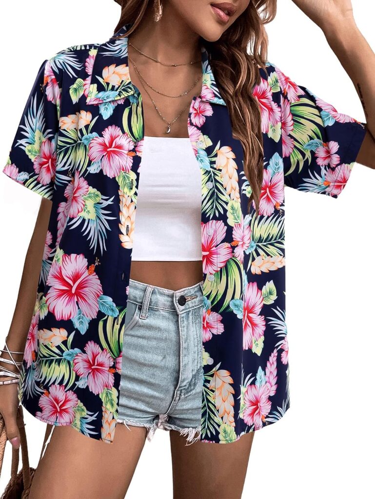 MYHALF Women Hawaiian Shirt Soft Cool Summer Hawaii Shirts Floral Tropic Print V Neck T-Shirt Short Sleeve Button Up Tops