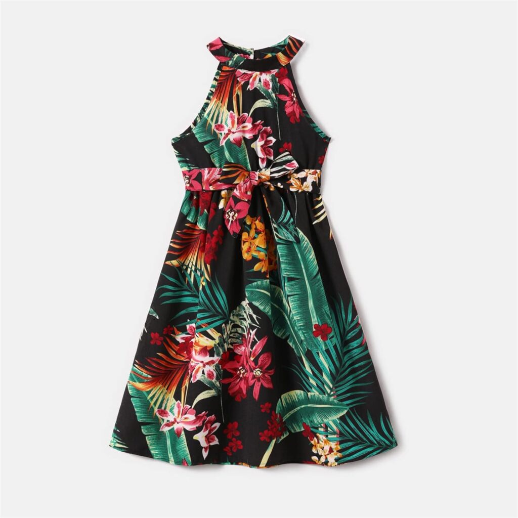 PATPAT Family Matching Outfits Mommy and Me Dresses Allover Floral Print Halter Neck Dress and Short-Sleeve T-Shirts Set