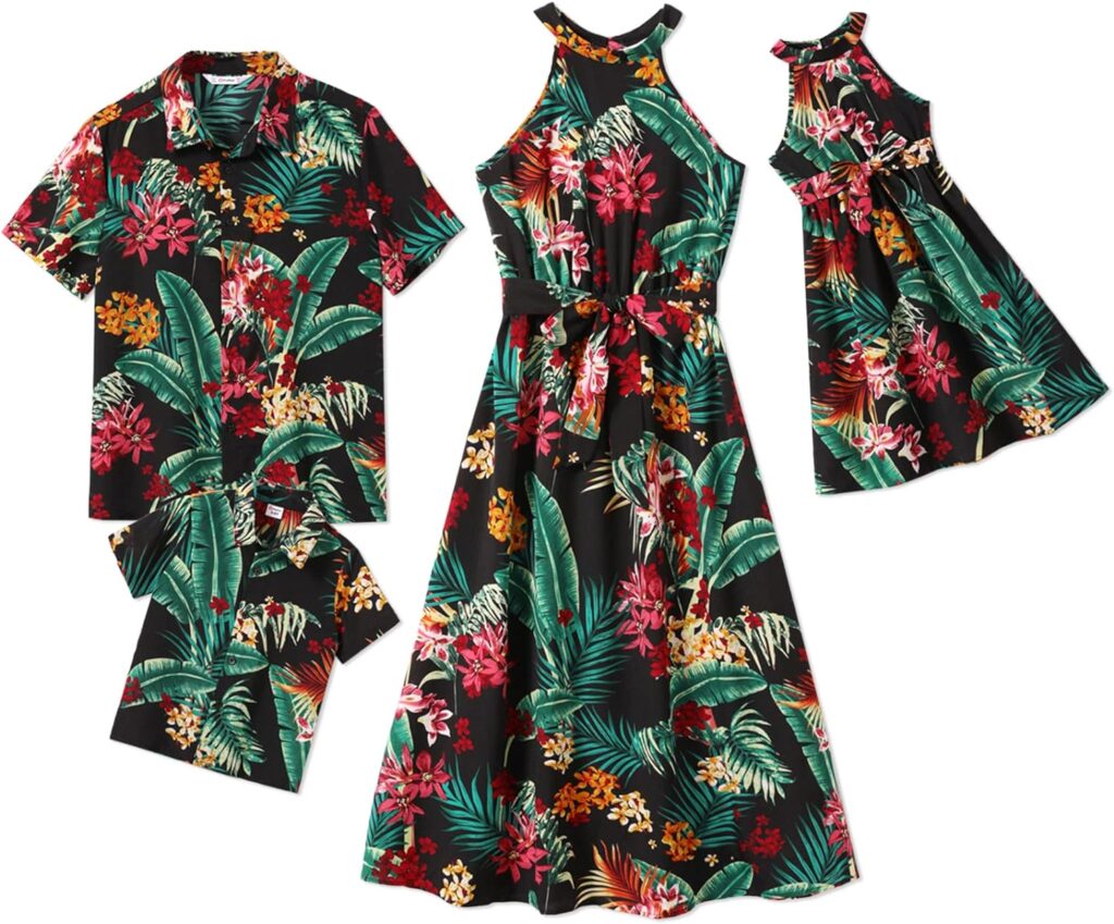 PATPAT Family Matching Outfits Mommy and Me Dresses Allover Floral Print Halter Neck Dress and Short-Sleeve T-Shirts Set