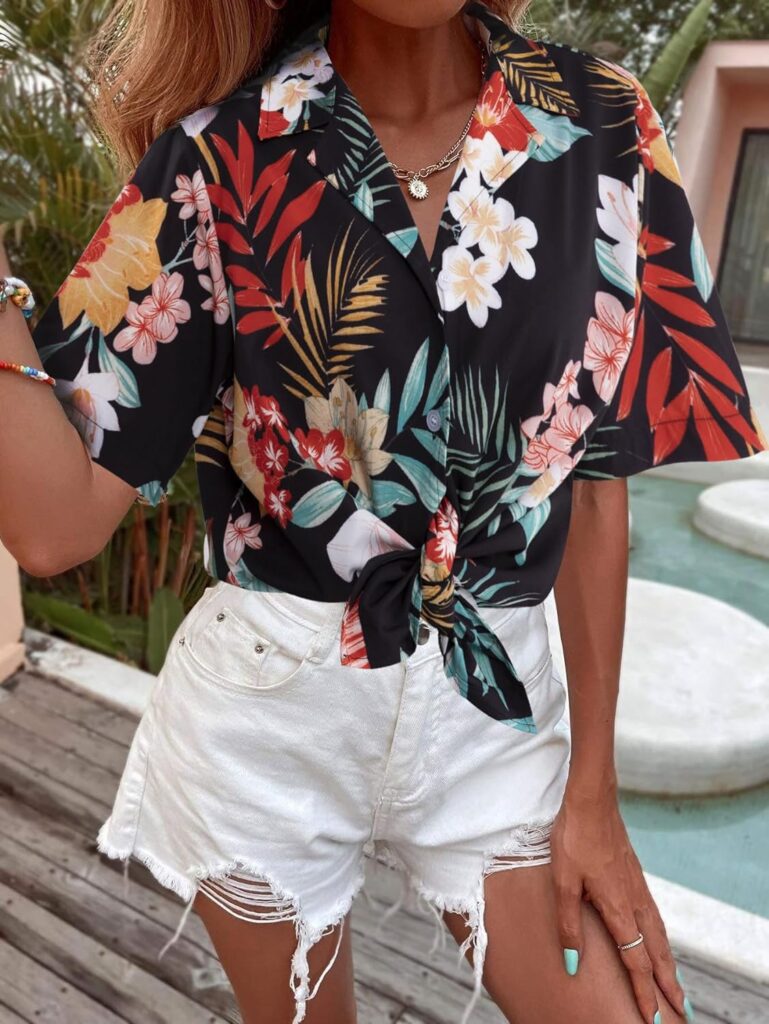 Women Hawaii Shirts Soft Cool Floral Tropic Print Shirt Summer Shirts Short Sleeve V Neck Button Up Top T-Shirt