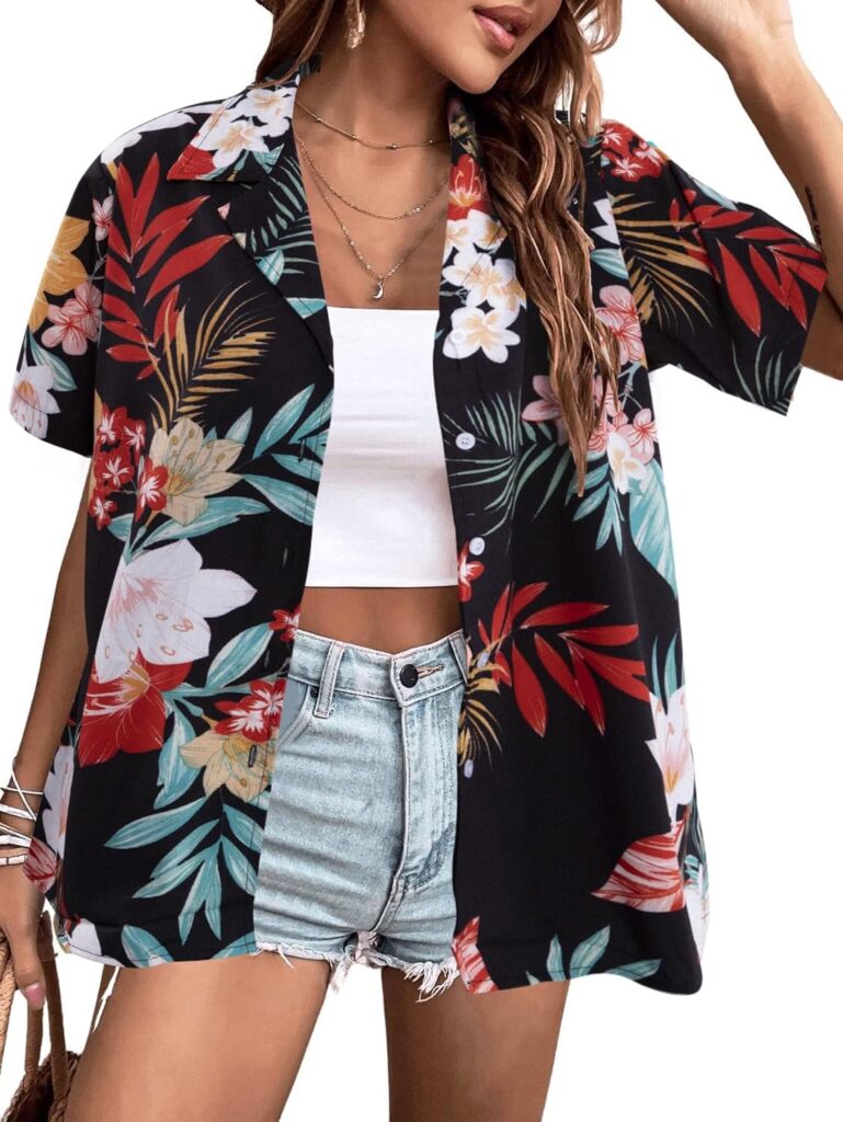 Women Hawaii Shirts Soft Cool Floral Tropic Print Shirt Summer Shirts Short Sleeve V Neck Button Up Top T-Shirt