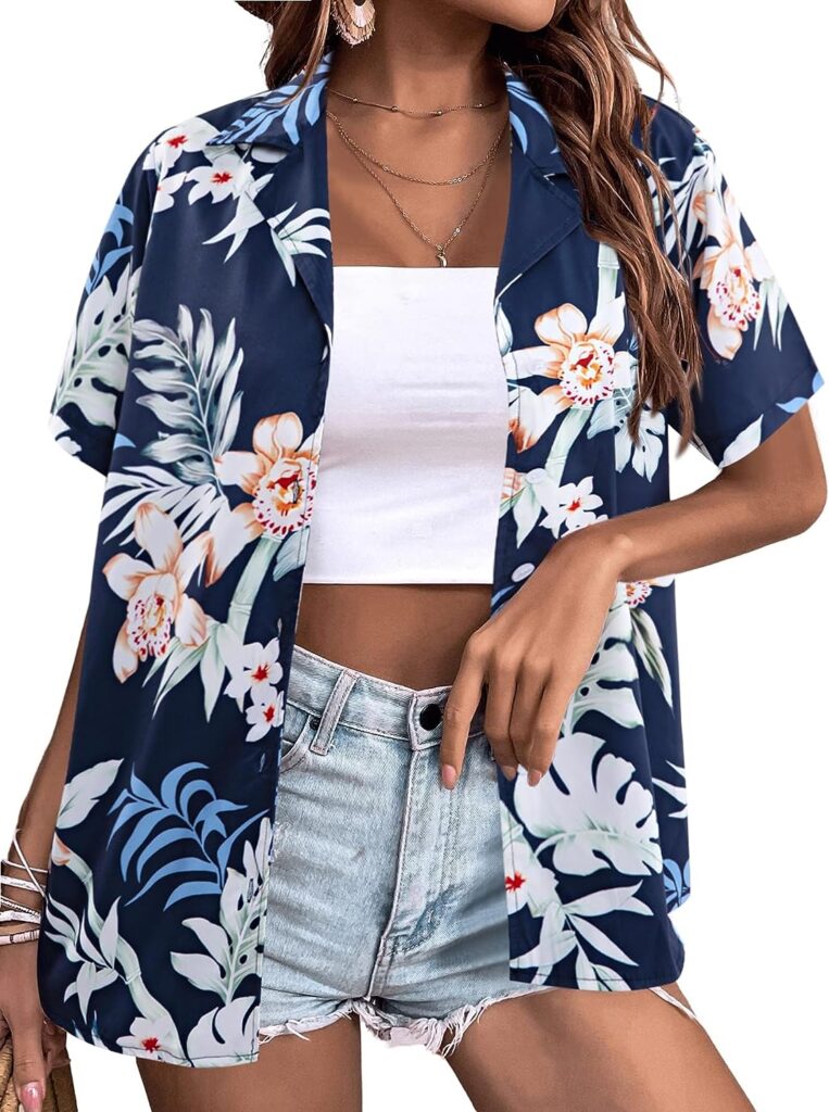 Women Hawaii Shirts Soft Cool Floral Tropic Print V Neck Summer Tops Short Sleeve Button Up Tops T-Shirt