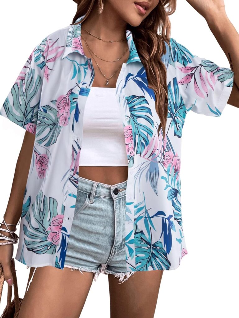 Women Hawaiian Shirts Hawaii Shirts Soft Cool Floral Tropic Print V Neck Summer Tops Short Sleeve Button Up Tops Tshirt