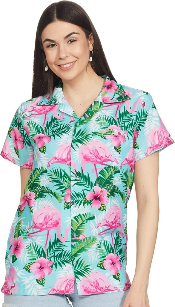 Womens Hawaiian Shirt Short Sleeve Blouse Flamingo Black Pink 3XL