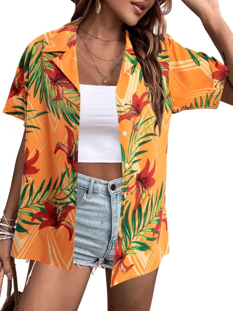 Womens Hawaiian Shirt Tropical Button Down Outfits Hibiscus Flowers Blouses Beach Aloha V Neck Short Sleeve Shirt