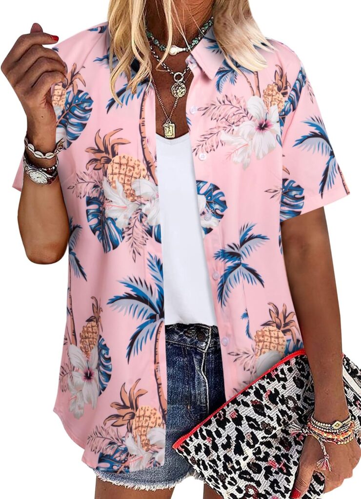 Womens Hawaiian Shirts Boho Open Front Soft Cool V Neck Short Sleeve Tropical Button Up Blouses Tops