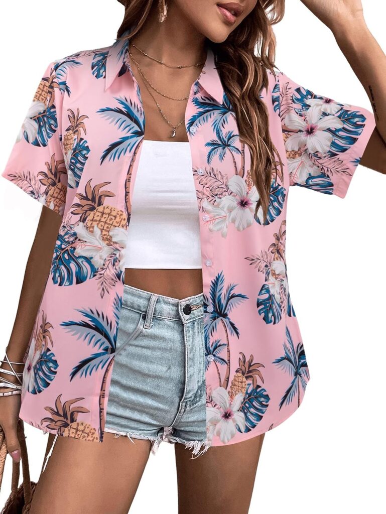 Womens Hawaiian Shirts Boho Open Front Soft Cool V Neck Short Sleeve Tropical Button Up Blouses Tops