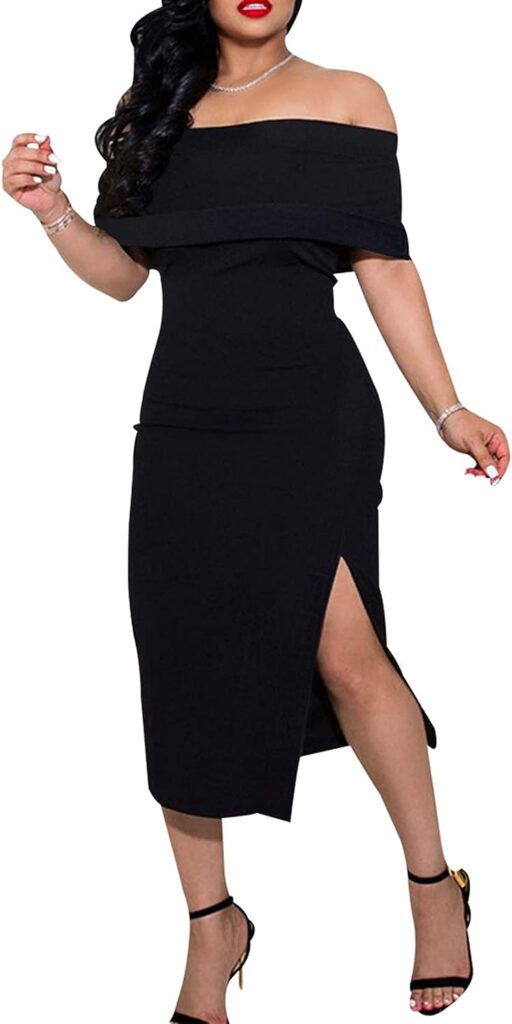 Womens Off Shoulder Split Midi Dresses Hawaiian Elegant Ruffles Slim Evening Party Dress