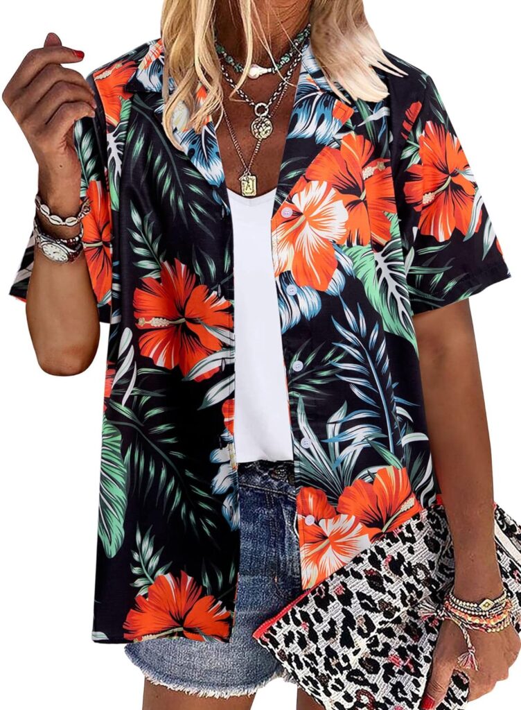 Womens Summer Hawaiian Shirts Soft Cool Floral Tropical Print T-Shirt Button Down V Neck Short Sleeve Tee Tops