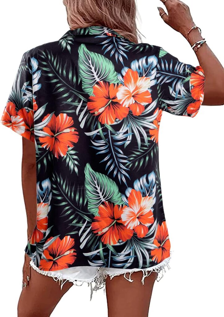 Womens Summer Hawaiian Shirts Soft Cool Floral Tropical Print T-Shirt Button Down V Neck Short Sleeve Tee Tops