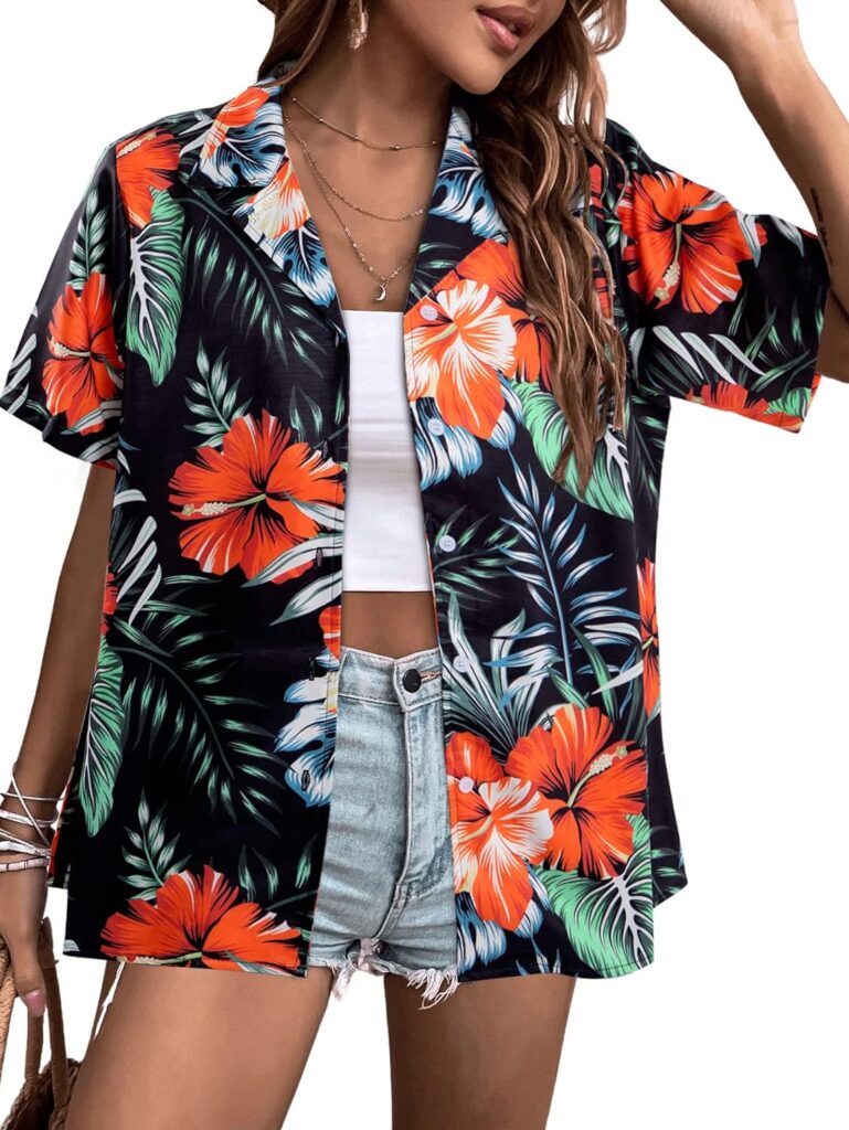 Womens Summer Hawaiian Shirts Soft Cool Floral Tropical Print T-Shirt Button Down V Neck Short Sleeve Tee Tops