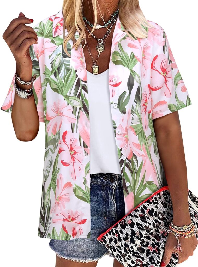 ZXZY Women Summer Hawaii Shirts Soft Cool Floral Tropic Print Short Sleeve Button Up Tops T-Shirt